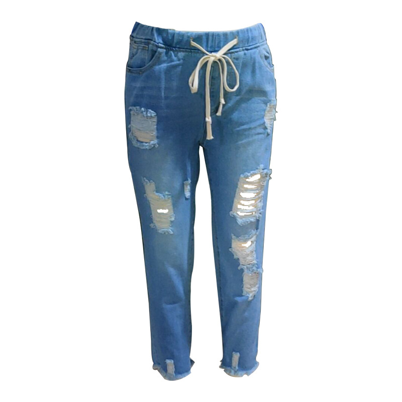 Picture of Independent stand hot high waist ripped elastic waist jeans for women