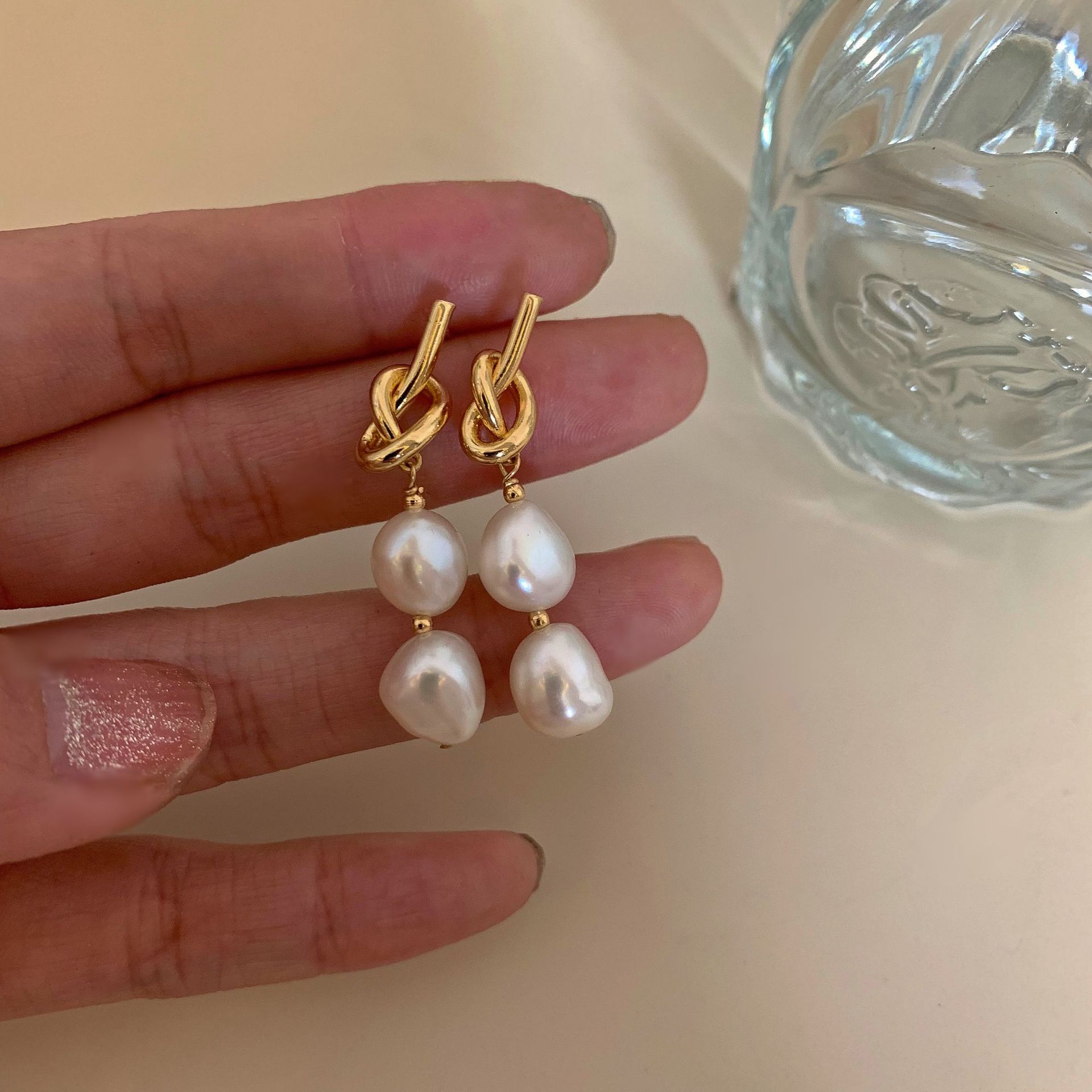 Sky Baroque Pearl Simple Cold Style ins Style Earrings Retro s925 Silver Long Knot Slim Earrings