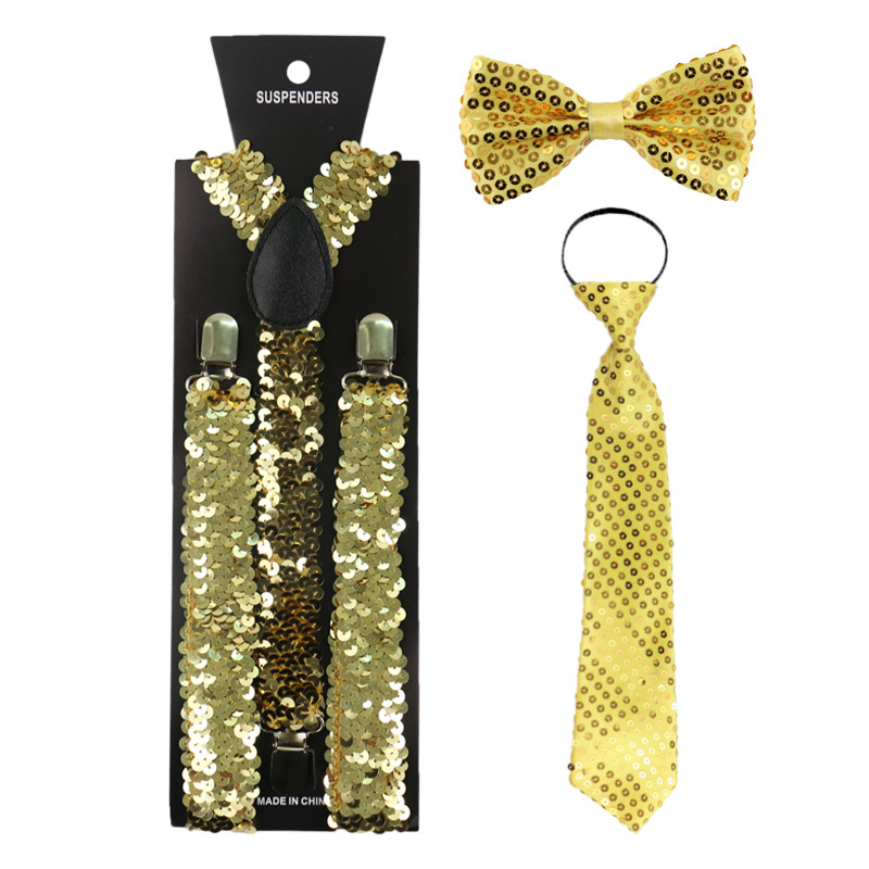 Hot-selling adult strap three-clip women's luminous sequins fish scale elastic suspenders + bow tie + tie three-piece set