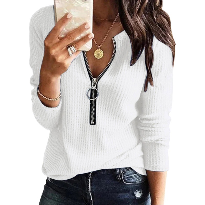 European and American Cross-border Women's wish Independent Station Foreign Trade Autumn and Winter New Zipper V-neck Stitching Long Sleeve T-shirt Top Women