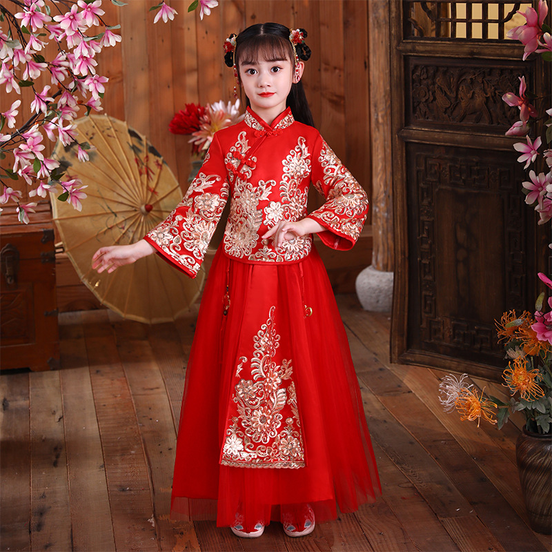 Picture of Girls' Hanfu Traditional Chinese New Year Outfit Children's Cheongsam Autumn and Winter Chinese Style Set Tang Suit New Year Outfit Thickened and Warm