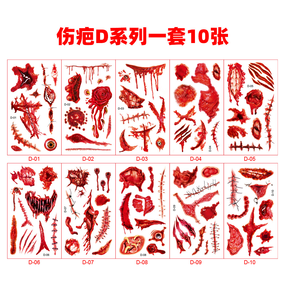 Picture of 21 New Halloween Scar Tattoo Body Sticker Waterproof Sweat Horrible Bloody Wound Scar Makeup Party Temporary Face Sticker