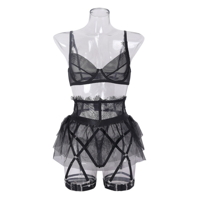 European and American Sexy Fashion Solid Color Skirt Garter Buckle Foot Cover Body Shaping Four-Piece Sexy Underwear Set Spot 1614