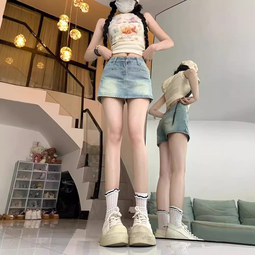 American Style Spice Girl Retro Denim Skirt Women's Summer 2024 New All-match High Waist Anti-walking Sheath Short Culottes