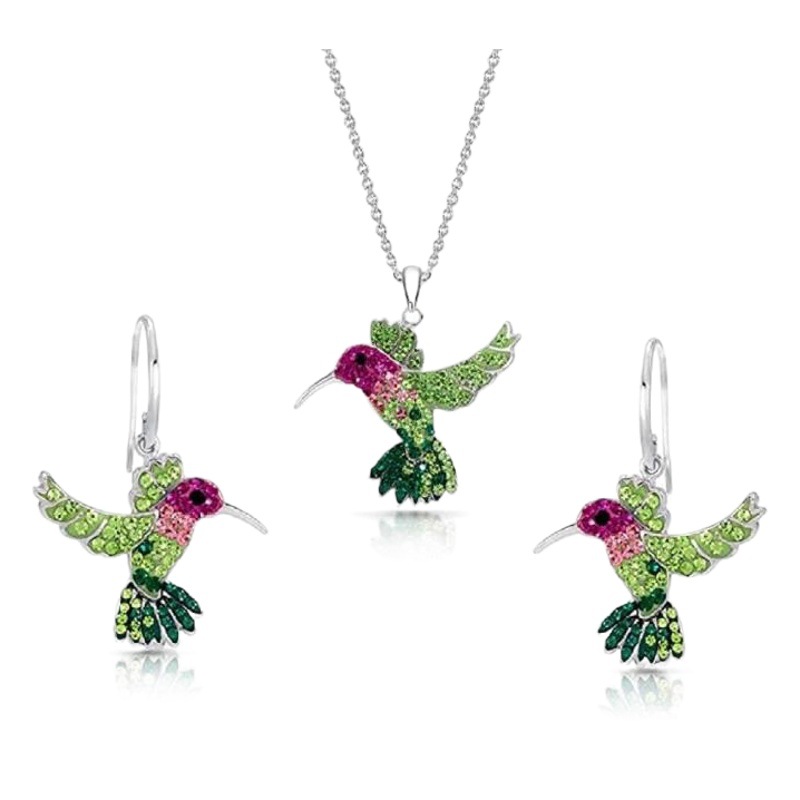 Cross-border new jewelry fashion creative colorful crystal flying hummingbird earrings pendant necklace set ladies gift