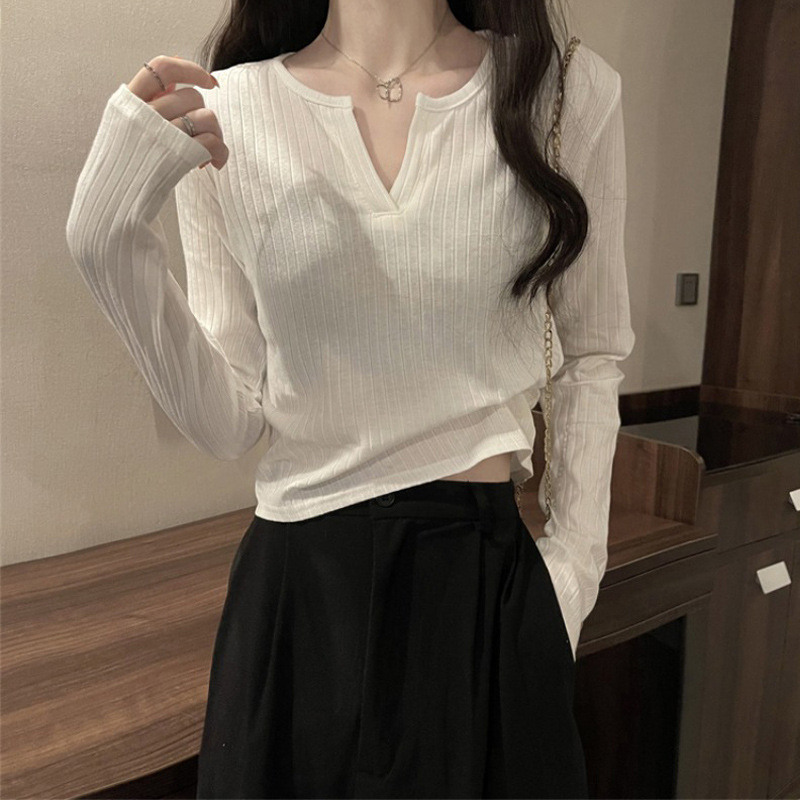 White Bottoming Shirt with Spring & Fall Long-Sleeved T-Shirt for Women Early Spring New Slim V-Neck Chi Short Top for Women
