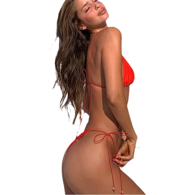 2024 European and American New Style Elastic Rope Straps Pure Color Sexy Split Swimsuit Women's Export Backless Bikini 23087