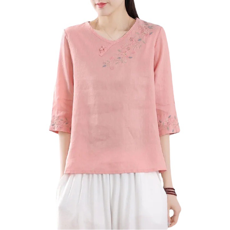 Picture of Vintage Cotton and Linen Embroidered Round Neck Half Sleeve T-shirt Shirt Women's Summer Artistic Loose Slimming Ethnic Style Top