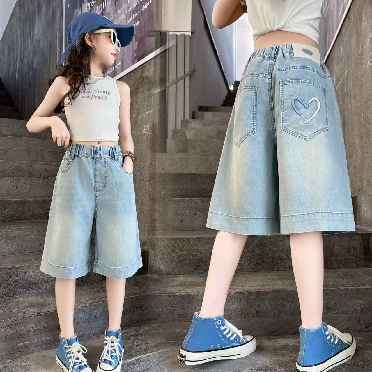 Girls' Denim Shorts Summer 2025 New Arrival Big Children's Pants Stylish Fashionable Children's Pants Loose Casual Pants