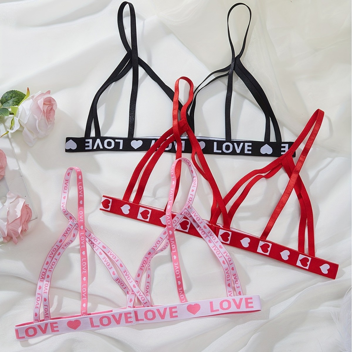 Cross-border sexy camisole pink love sports letter belt three-piece flirting sexy hollow