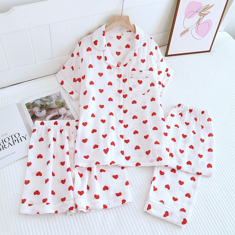 Love Pajamas Women's Cotton Double-layer Gauze Short-sleeved Shorts Trousers Thin Three-piece Summer Home Clothes Set