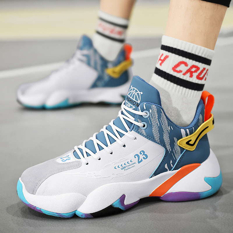 High-Top Men's Shoes Basketball Shoes All Year Round 2024 New Sports Students Wear-Resistant Trendy Shoes Large Size Youth Leather Sneakers