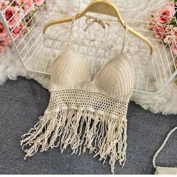 Hollow tassel tube top camisole lace sunscreen Cardigan high waist shorts seaside vacation swimsuit three-piece set for women
