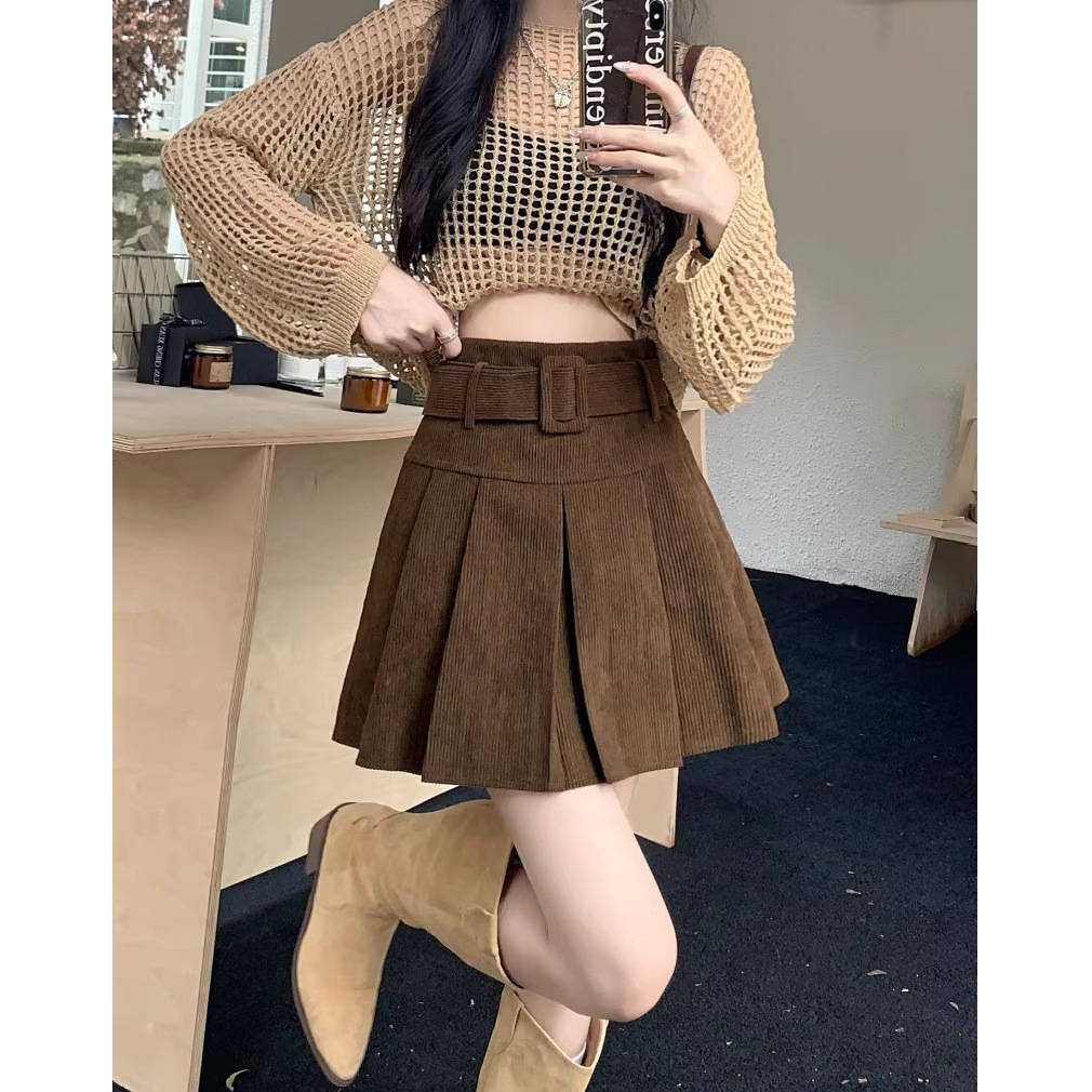 Sexy Corduroy Thick A- Line Skirt Women's 2024 Autumn and Winter New Elegant Warm Slimming Short Skirt