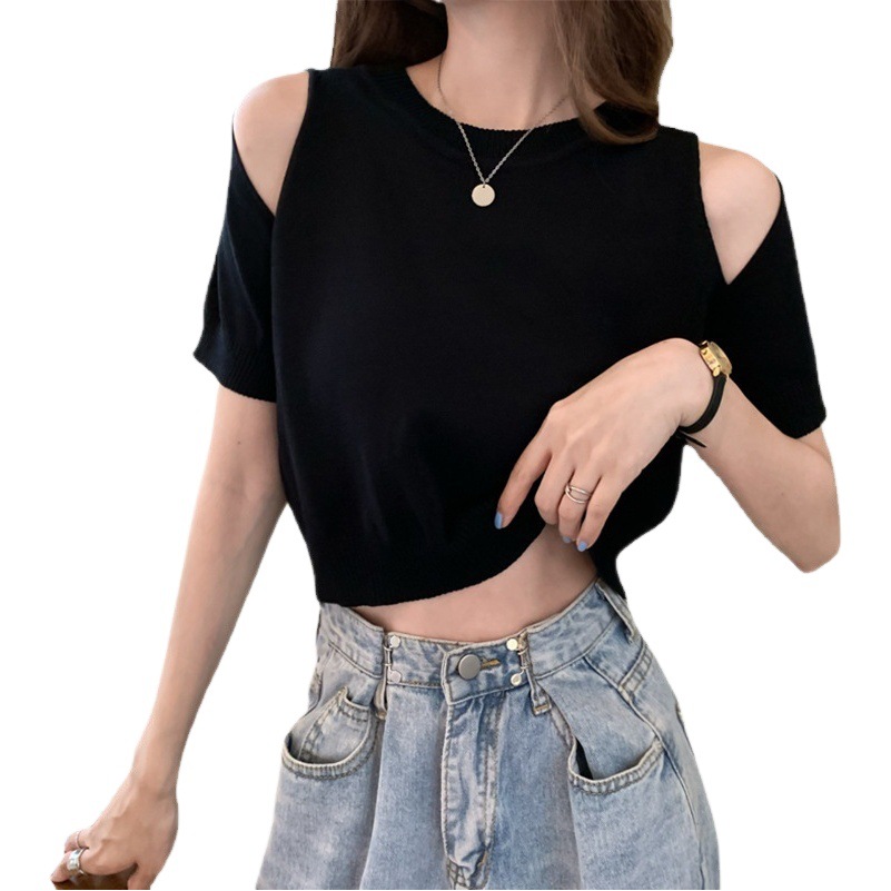 Off-Shoulder Design Women's Tops Bottoming Shirt Women's Summer Short Slim Short-Sleeved Knitted T-Shirt Women's One Piece Drop Shipping