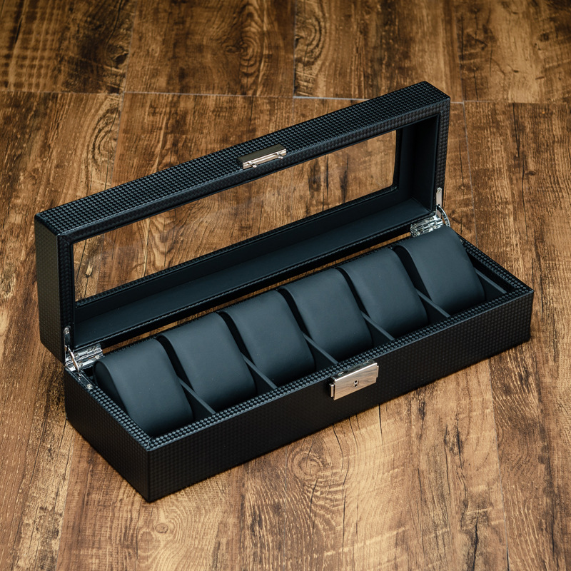Picture of Carbon Fiber Pattern Leather Watch Box Glass Skylight Wrist Watch Mechanical Watch Bracelet Jewelry with Lock Storage Display Box