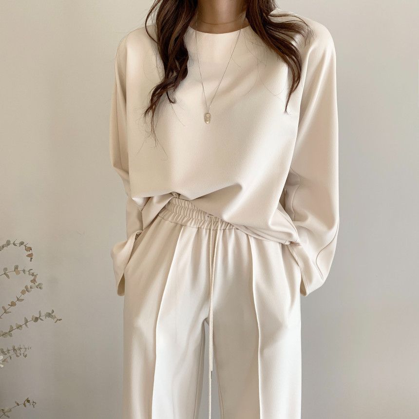 South Korea Chic Autumn Simple Elegant Loose All-match Long-sleeved Sweat Elastic Waist Lace-up Casual Pants Women's Trousers
