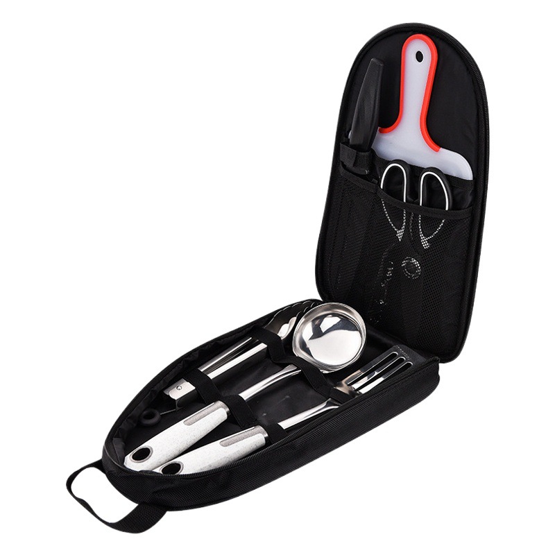 Portable outdoor camping kitchenware suit 8-piece set camping outdoor cooking tools BBQ Barbecue cutting board scissors shovel