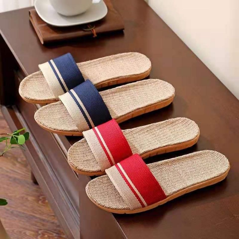 Linen Slippers for Home Couples Indoor All Year Round Non-Slip Thick Fabric Soft Bottom Wooden Floor Wear-Resistant Shock-Absorbing Cotton and Linen Double