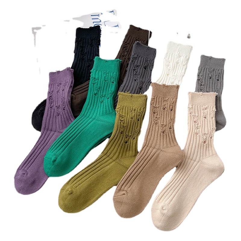 Double Needle Ripped Socks Distinctive Women's Mid-length Socks ins Stacked Socks Solid Color Beggar Socks Women's Little Red Riding Book Fashionable Socks