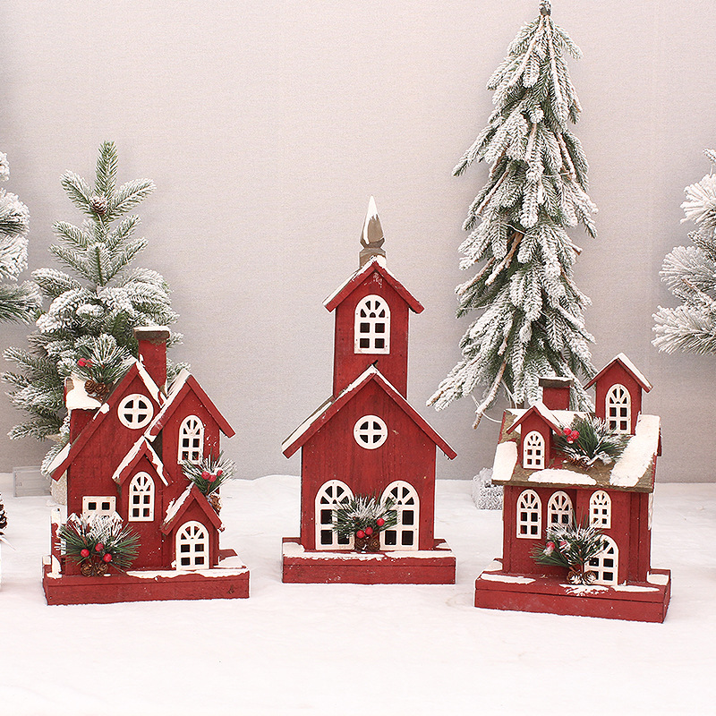 Christmas New Wood Wood red light snow House wooden house house wooden house Christmas decoration decorations