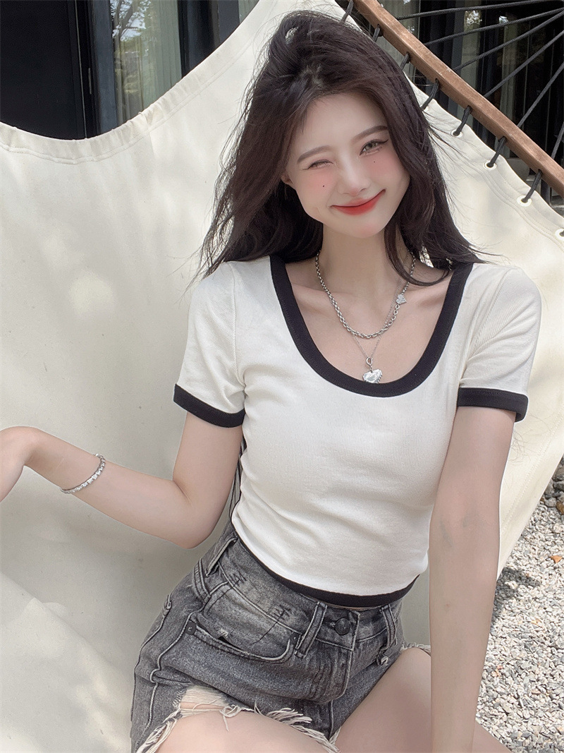 Ins Pure Desire Small Sexy U-Collar Short Sleeve T-Shirt Women's Summer Niche Chic Short Bottoming Cropped Top Women's T Wholesale