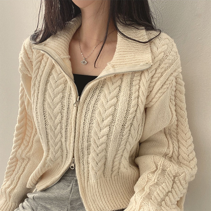 2025 New Autumn and Winter Korean Style Loose Retro Elegant Student Double Zipper Twist Sweater Jacket Women's Knitted Cardigan