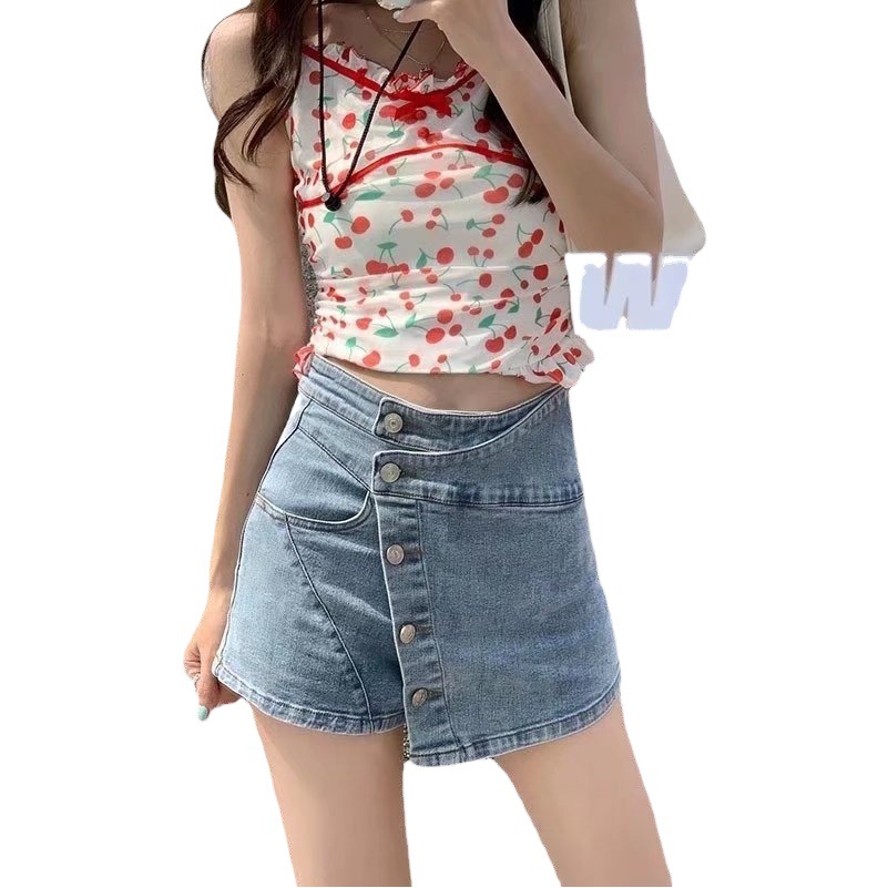 Design Sense American Style A- line Skirt Women's High Waist Irregular Spice Girl Denim Skirt Three-line Anti-slip Pant Skirt