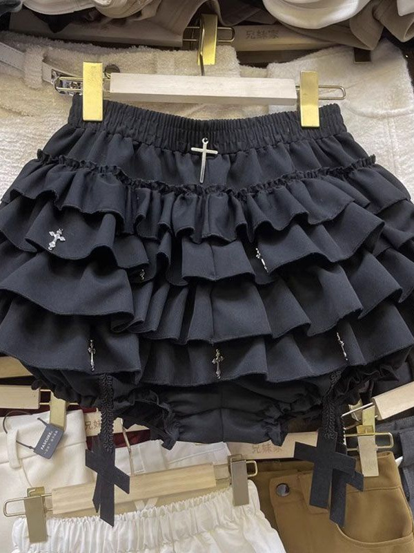 Subculture Gothic Style Cross Black Cake Skirt Female Summer Sexy Fluffy Skirt High Waist Slim Skirt