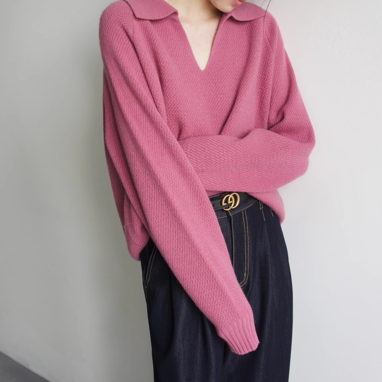 Jojoz Retro Dry Rose V Neck Loose Long-Sleeved Sweater 100% Merino Wool Waffle Pattern Gentle Elegant