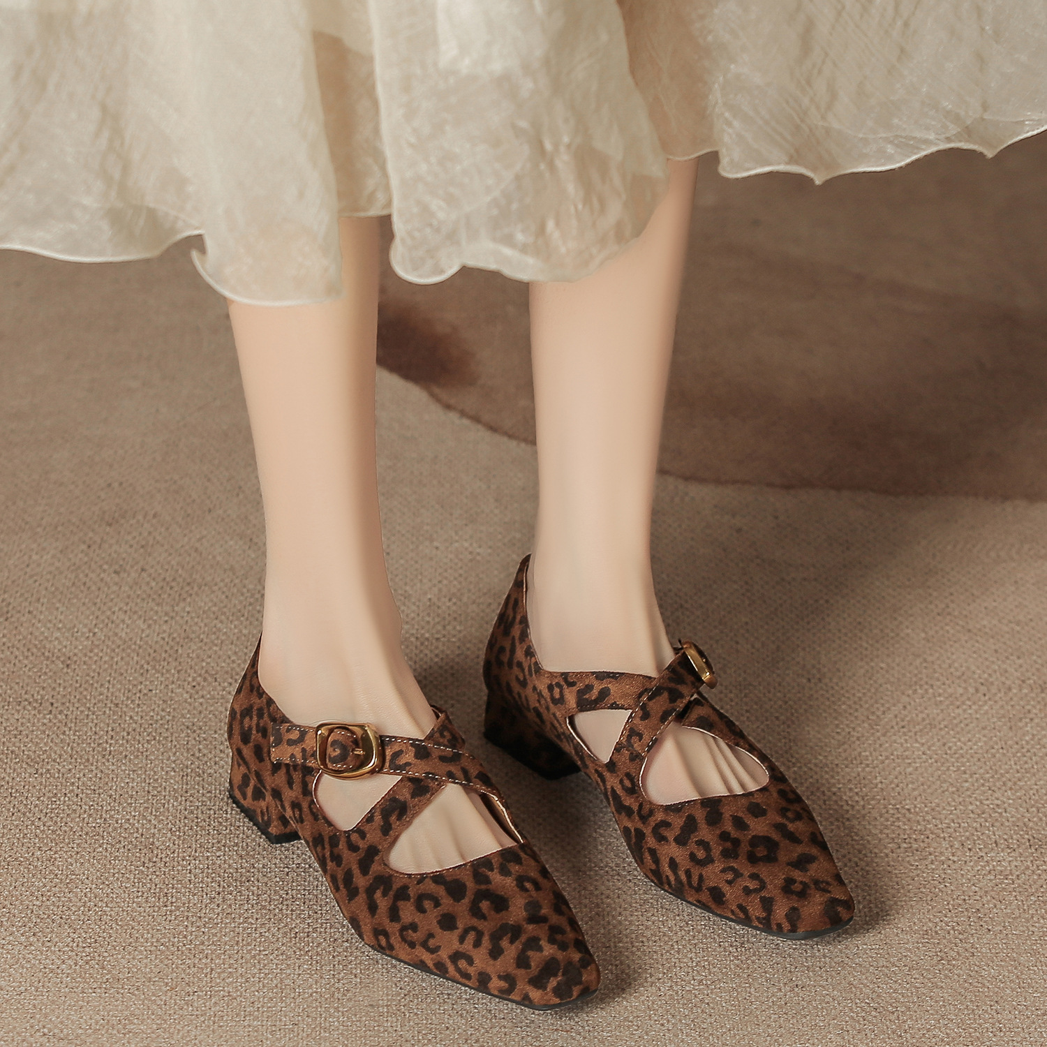 High-end Low-heel Shallow-top Cross-strap Women's Fashion Suede Leopard-print Single-layer Shoes Square-toe Thick-heel Mary Jane Shoes