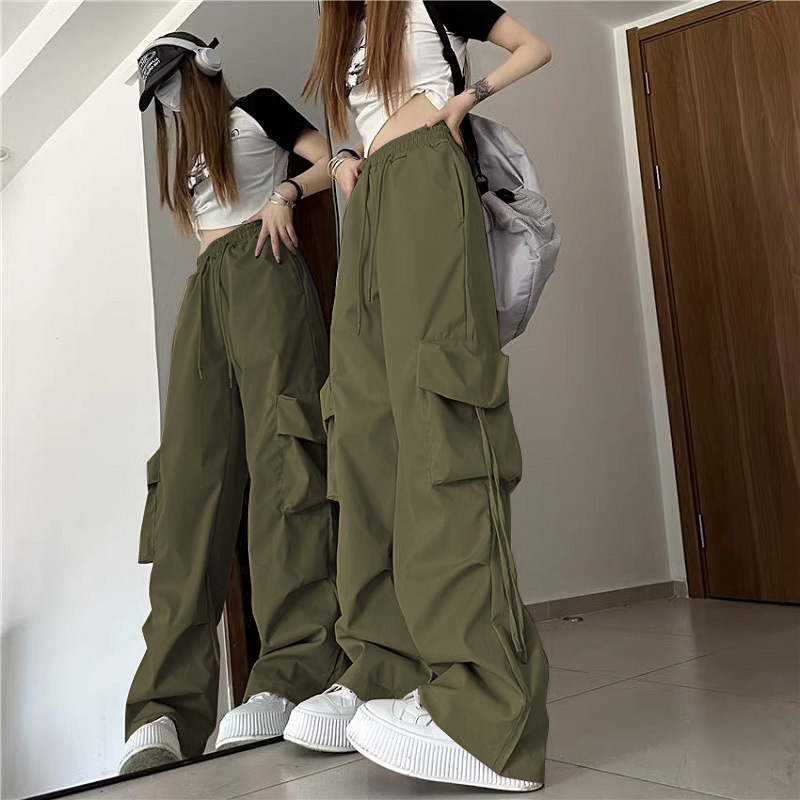 Picture of American Retro Niche Cargo Pants for Women with Stereo Flap Pocket Pantss, High-Waisted Straight Wide-Leg Ribbons, Loose Casual Floor-Length Pants