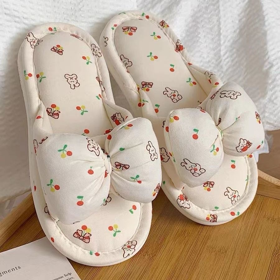 Picture of Versatile soft sole girlfriend silent floor slippers linen breathable spring and autumn bow slippers women's new home shoes