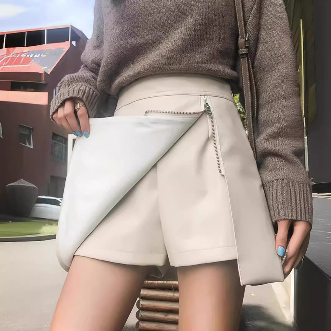2025 Autumn and Winter Elegant PU Leather Skirt Women's High Waist Slimming Irregular Hip Skirt with Zipper Korean A- line Skirt