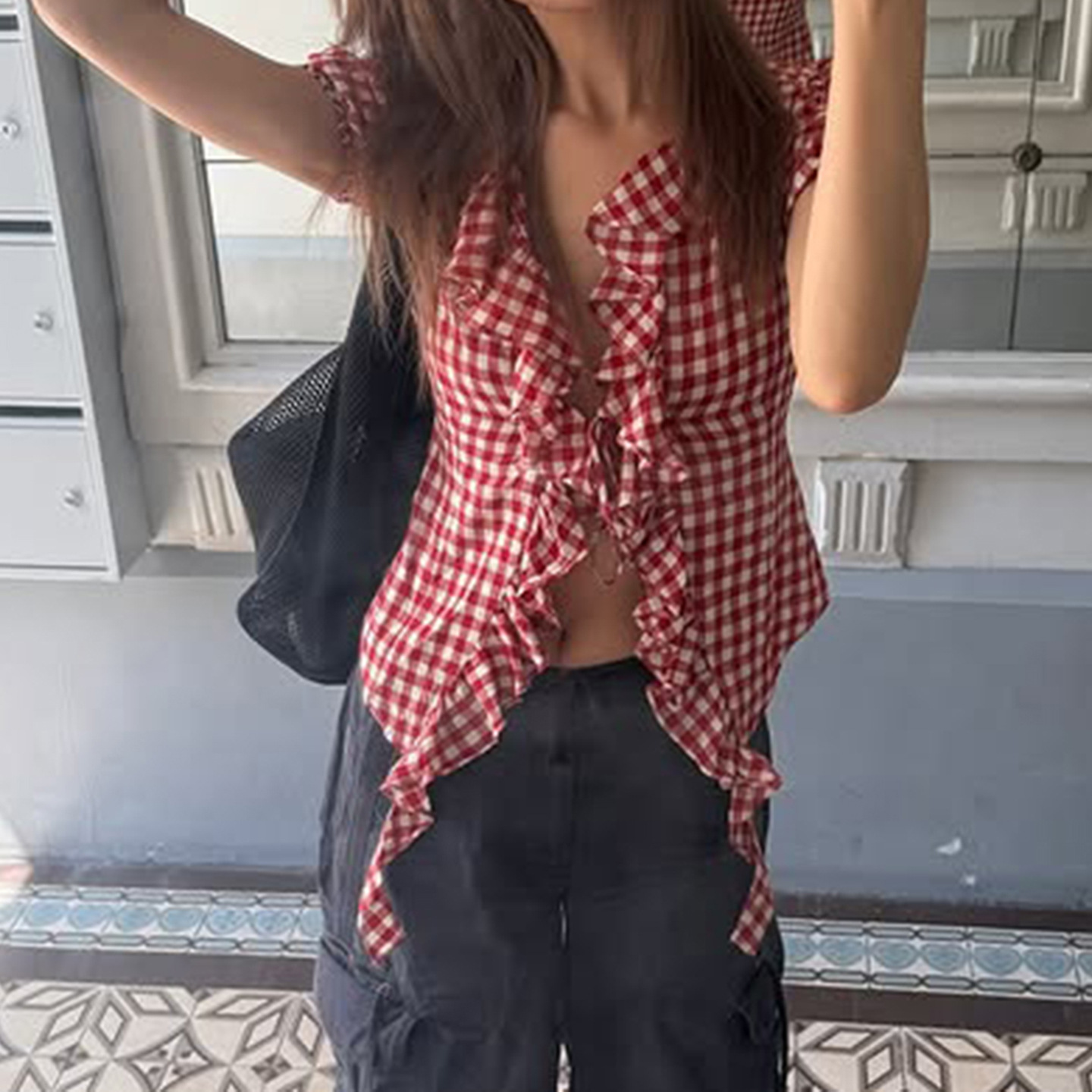 Picture of French Retro Red Plaid Shirt Top Cross-Border Women's Ruched Ruffle Tie Puff Sleeve Short-Sleeve T-Shirt