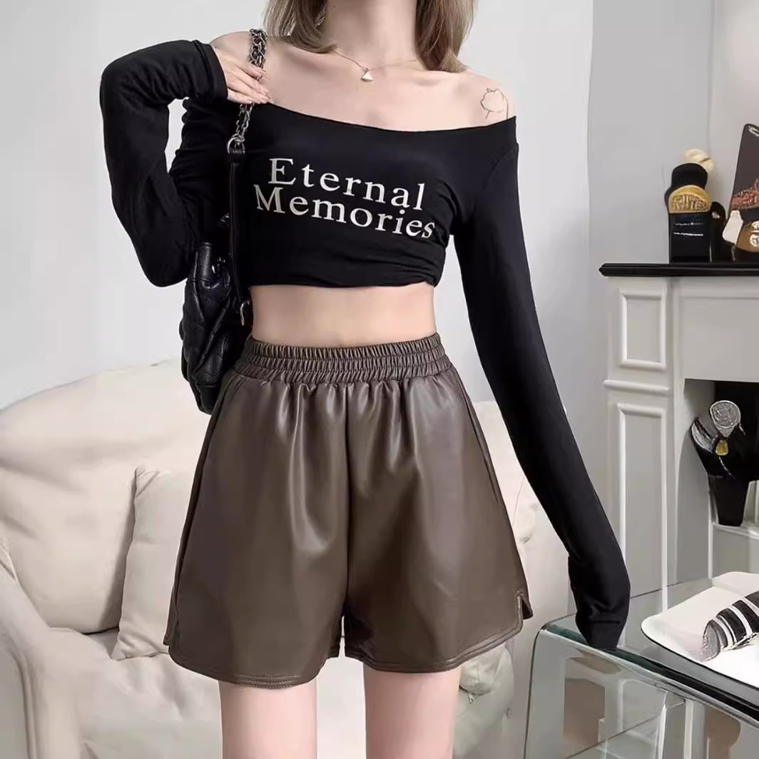 Plus size women's clothing 2023 chubby girl autumn and winter New High waist pear-shaped figure A- line slimming wide leg PU short leather pants boot pants