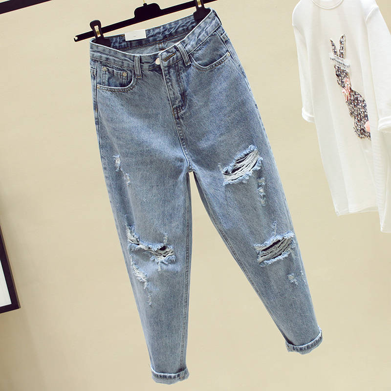 Picture of Light Color Jeans Women's Ripped Loose Straight Pants Spring and Summer New High Waist Harem Pants Slimming Cropped Pants