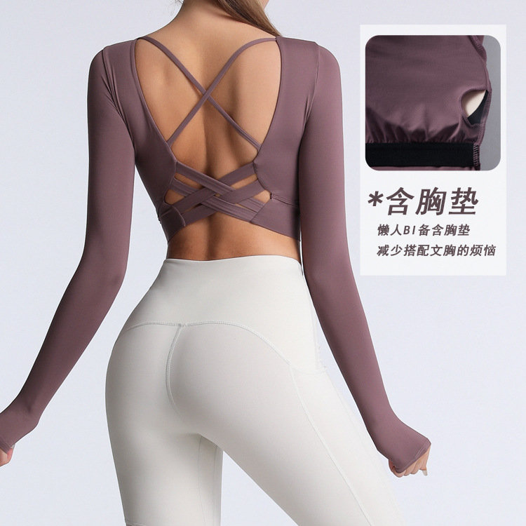Short Navel-exposed Sexy Yoga Clothes with Chest Pad Elastic Slimming Fitness Long Sleeve Internet Popular Beautiful Back Hollow-out Quick-drying T-shirt