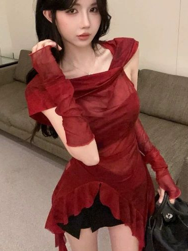 American Pure Desire Hot Girl Sexy Red Swing Collar Hooded T-Shirt Women's Ruffled Irregular Sleeves Slim Top