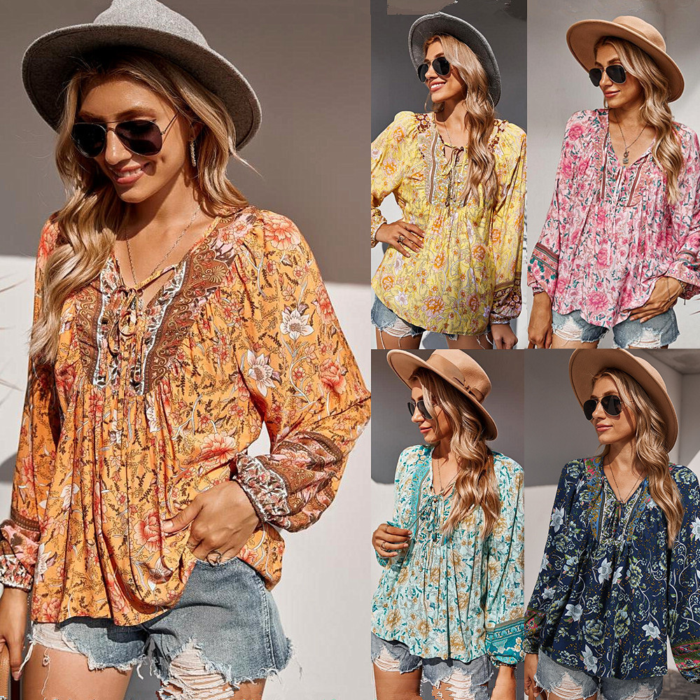 Amazon Cross-Border Export Women's Clothing 2022 Autumn V-Neck Tether Contrast Print Holiday Style Long-Sleeved Top