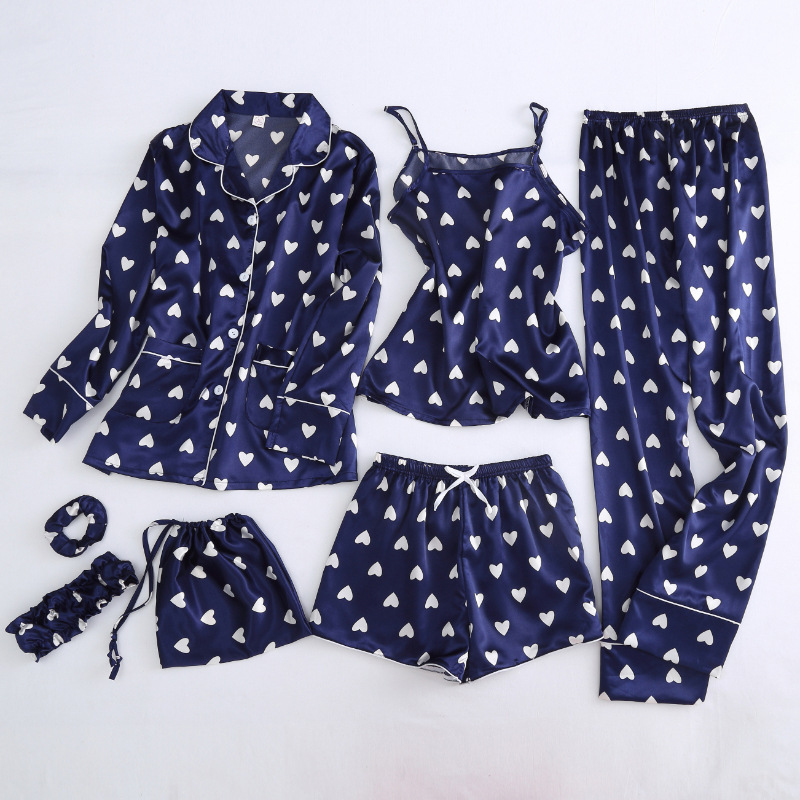 Korean style pajamas women's spring and autumn Four Seasons Ice Silk seven-piece set simulation silk sling long sleeve home wear suit foreign trade