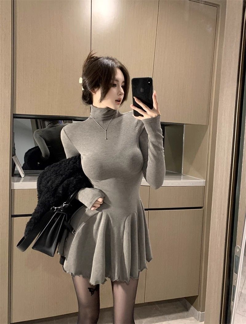 Pure desire hot girl high-neck versatile long-sleeved dress women's autumn new waist puffy skirt slimming bottom skirt short skirt