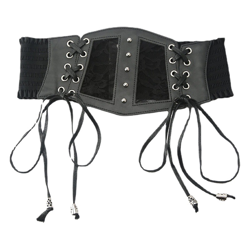 Lace Women's Belt, Wide Elastic Elastic Waistband Decoration with Dress and Shirt, with Ruffled Waistband Black