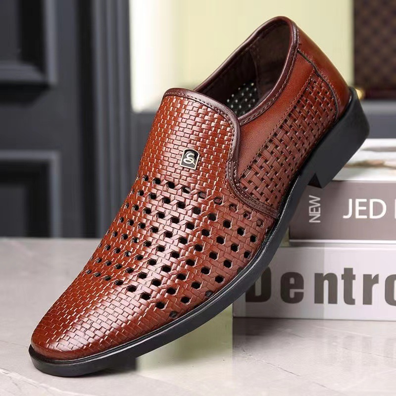 [Pure cowhide] Summer increased leather business leather sandals men's breathable hollow soft-soled men's non-slip sandals