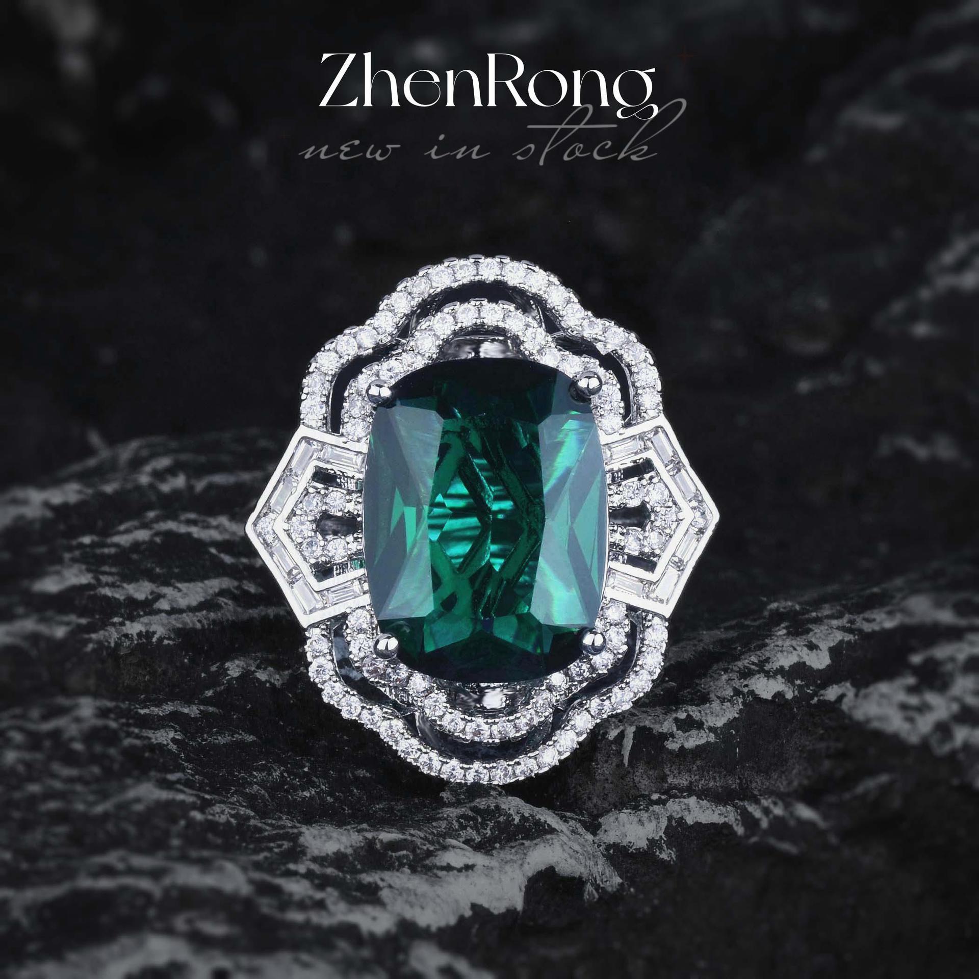 European and American high-set jewelry design green diamond ring women's dream edge flower emerald ring living bottom design