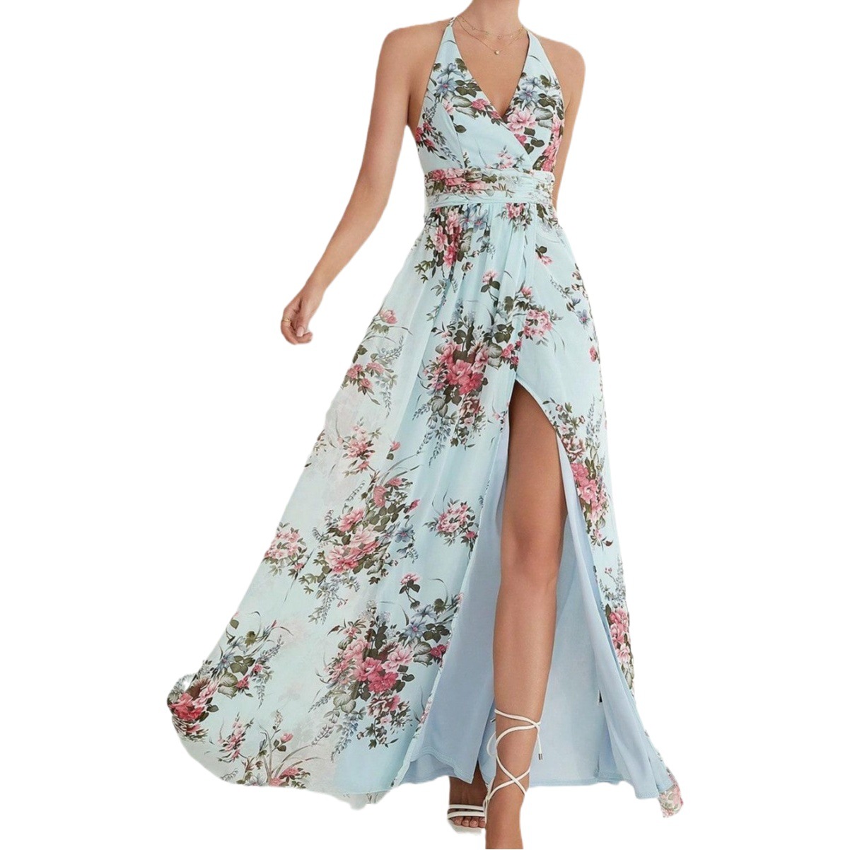 Halter evening dress Amazon new back strap backless slit elegant printed chiffon dress ball gown