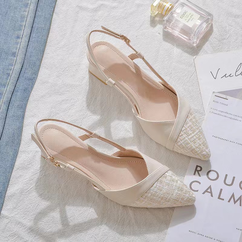Tweed Style Baotou Thick Heel Single Shoes Women's Pointed Toe 2024 Strap Back Aerial Heel Sandals Women's Summer Easiest for Match