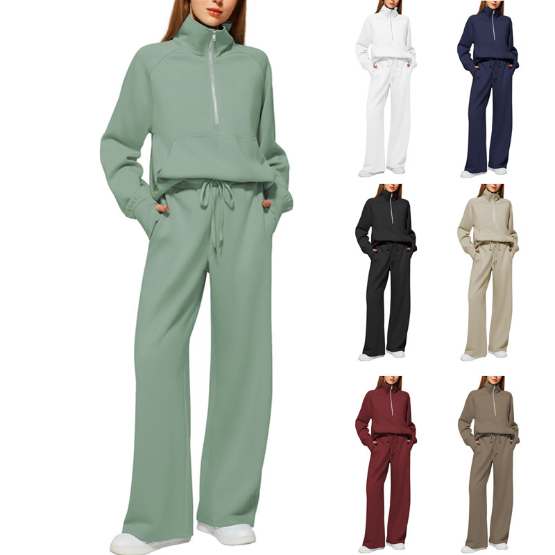 2025 European and American Amazon European and American Style Two-Piece Oversized Half-Zip Sweatshirt Wide-Leg Sweatpants Casual Set
