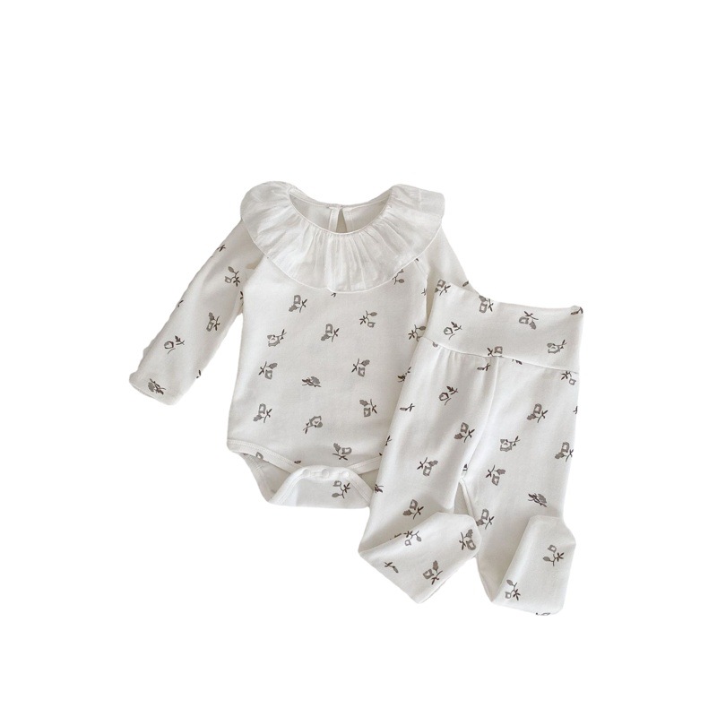 2025 Autumn Baby Girl Plaid Home Clothes Floral Lotus Leaf Collar Long Sleeve Harness + High Waist Leggings and Socks Set