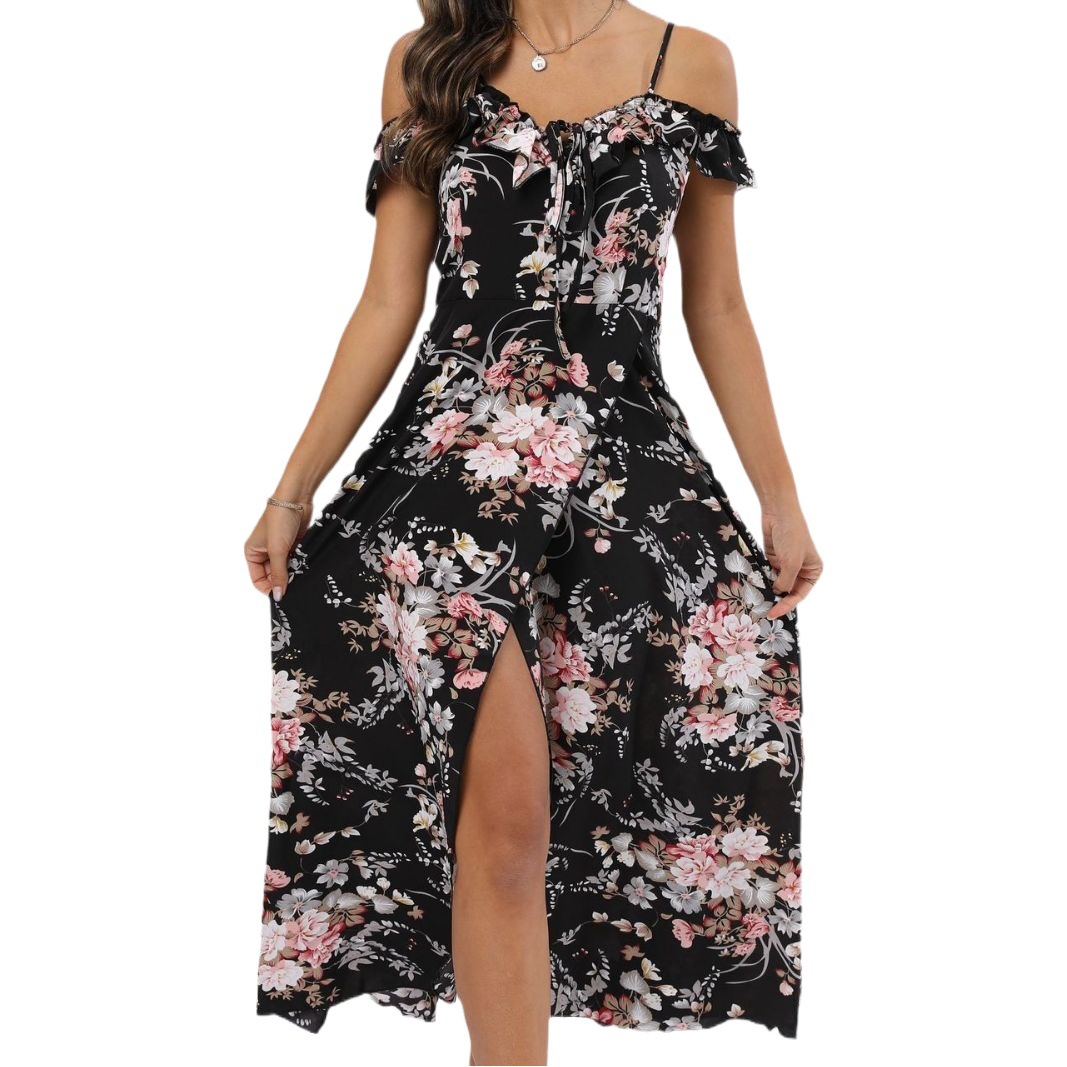 Amazon Cross-Border Floral Print Women's Off-Shoulder Front Tie Wrap Dress Elegant European and American Style